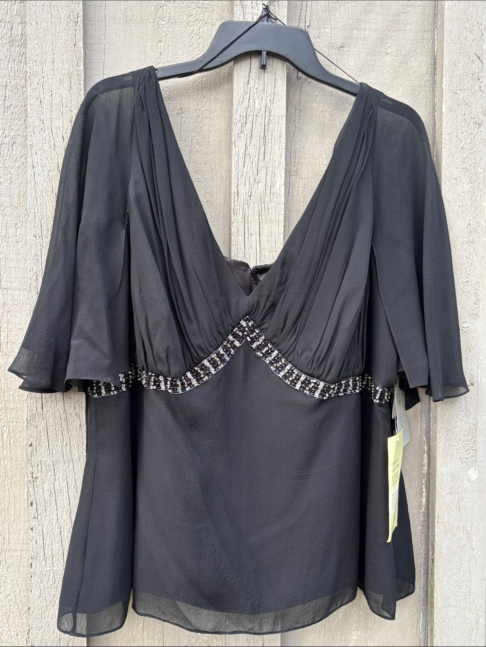 Papell Boutique Evening Wear Black Beaded V-Neck Silk Blouse Size 20W